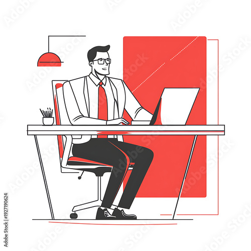 Executive at Desk with Red Lines Illustration