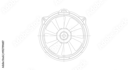 A technical illustration of a mechanical wheel viewed from the front showcasing its intricate design and structural components in a simplified vector graphic format