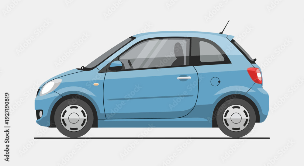 Fototapeta premium Blue car illustration on a clean white background viewed from the side with detailed features and a sleek design
