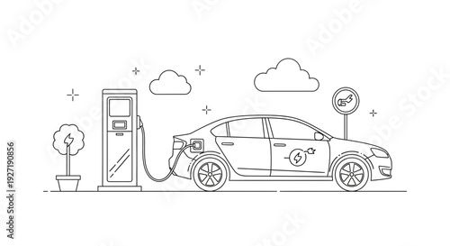 Electric car charging at a public station with a clean energy sign and cloud icons nearby in a simple line art style