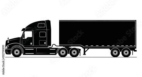 A black semi-truck with a large trailer is shown from the side on a white background, vector illustration