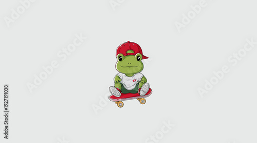 A cartoon frog, wearing a red cap and a white shirt with shorts, seated on a skateboard