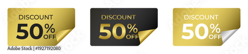 Luxury gold and black discount stickers with curled corners for 50 percent off retail sale promotions