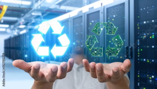Person holding circular circuit boards shaped as recycling symbol in front of server racks, symbolizing sustainable technology, energy use, and environmental responsibility in data centers.