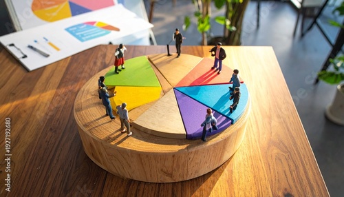 Circular wooden pie chart with colorful segments and matching figures, symbolizing diversity, inclusion, teamwork, and creative data segmentation in a professional context.