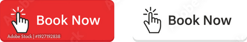 Two red and white rectangular buttons with book now text and hand cursor icons on transparent background silhouette high quality professional