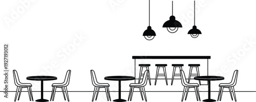 A minimalist black and white illustration depicting a bar with chairs and hanging pendant lights on transparent background silhouette high quality