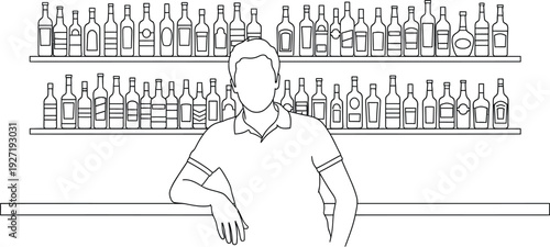 A line drawing of a bartender standing behind a bar filled with bottles on transparent background silhouette high quality professional detailed