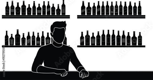 A man sitting at a bar with rows of bottles displayed on shelves a modern silhouette on transparent background high quality