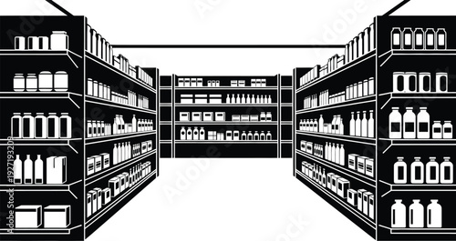 Black and white perspective view of a grocery store aisle with shelves full of products on transparent background silhouette high quality