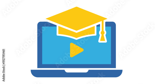 Online learning concept featuring a graduation cap atop a laptop screen