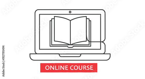 Line art illustration of a laptop displaying an open book representing online learning