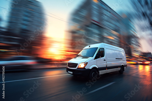 Dynamic shot of a white delivery van speeding through a blurred city street at sunset