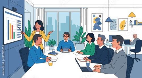 Business team meeting in modern office with city view