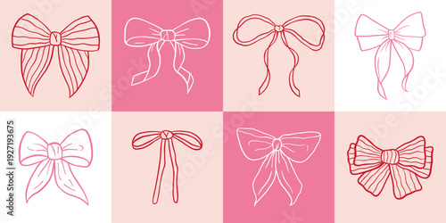 Vector set of whimsical coquette ribbon bows in pretty red, pink outline. Charming hand drawn bow collection of different shapes and tails for feminine branding, packaging, social media, cute decor.