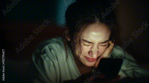 A stressed Asian woman, late night, looking her smartphone screen worried tearful expression, dimly lit room only smartphone's glow her face. Close-up shot emotional tension anxiety personal distress