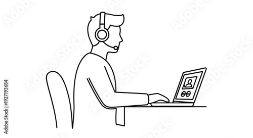Line drawing of a man wearing headphones and working on a laptop
