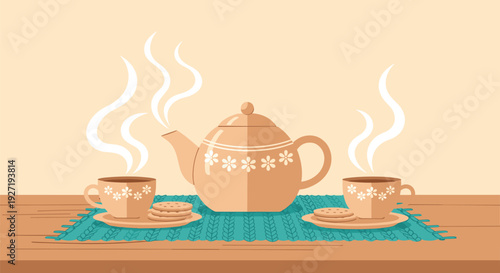 A charming tea set on a blue mat with steam rising