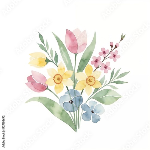 A cheerful watercolor spring flower bouquet with a mix of colorful blooms, perfect for celebrating the season. Colorful watercolor flower bouquet with tulips and daffodils  