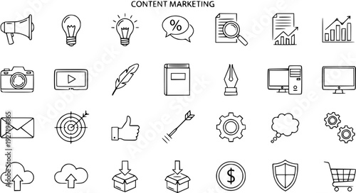 Hand Drawn Content Marketing Icons Set - Doodle Line Art Collection for Digital Strategy and Business Concepts