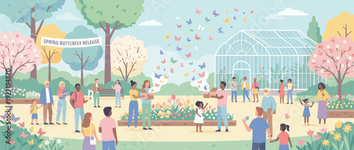 Flat vector illustration of a spring butterfly release event in a botanical garden with a diverse crowd of people, families, and children watching colorful butterflies fly from boxes near a greenhouse