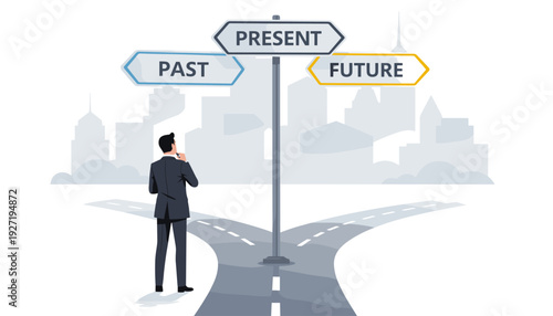 Businessman Standing at a Fork in the Road Contemplating a Signpost with Arrows for Past, Present, and Future. Concept of Strategic Decision Making, Career Planning, and Life Path Direction.