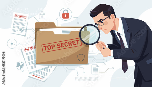 Businessman in a Suit Investigating a Top Secret Folder with a Magnifying Glass, Concept of Data Security, Confidential Information Protection, Corporate Espionage, and Privacy Investigation.