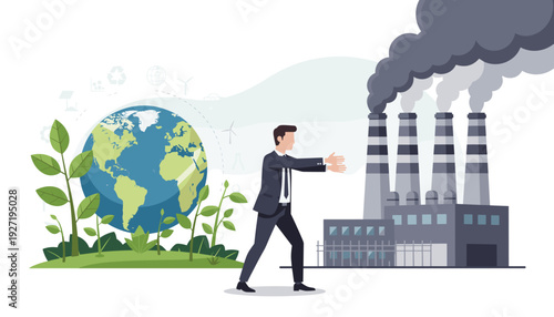 Businessman Stopping Industrial Pollution and Global Warming Concept, Man Pushing Away Factory Smoke Towards Green Earth with Plants, Environmental Sustainability and Climate Change Protection