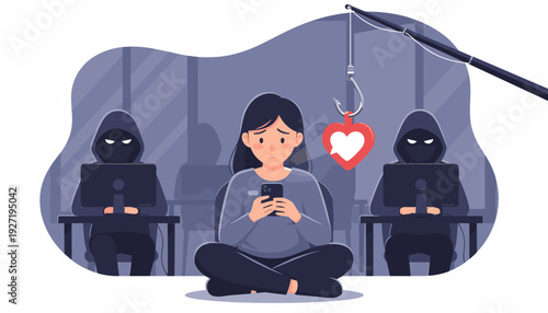 Vector Illustration of a Woman Targeted by Romance Scammers and Cyber Criminals Using a Heart Hook for Catfishing, Online Dating Fraud, Internet Deception, Social Media Scams, and Manipulation.