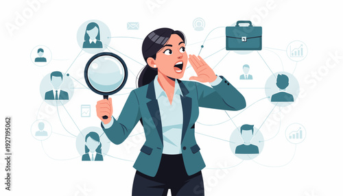 Professional business woman shouting and holding a magnifying glass for talent acquisition and recruitment concept. Vector illustration of HR manager searching for candidates in a global network.