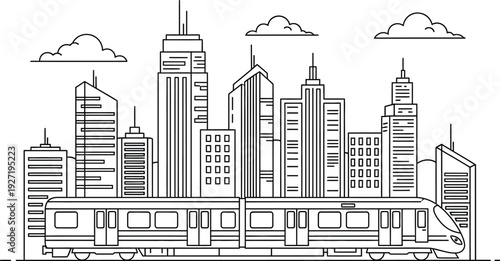 Detailed black and white line drawing of a cityscape featuring skyscrapers clouds and a train on transparent background silhouette high quality