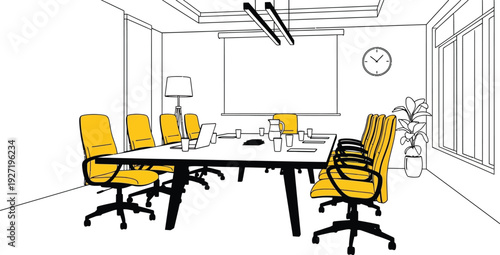 Modern conference room interior with yellow chairs and a large table clock screen and plant on transparent background silhouette high quality