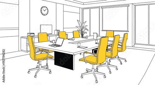 A black and white line drawing of a modern office conference room with yellow chairs and a clock on transparent background silhouette