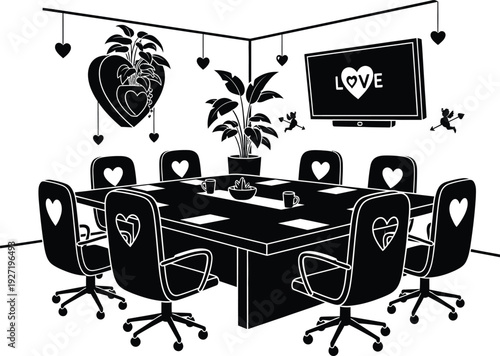 Modern conference room interior with table chairs television and decorative hearts presented as a silhouette on transparent background high quality professional