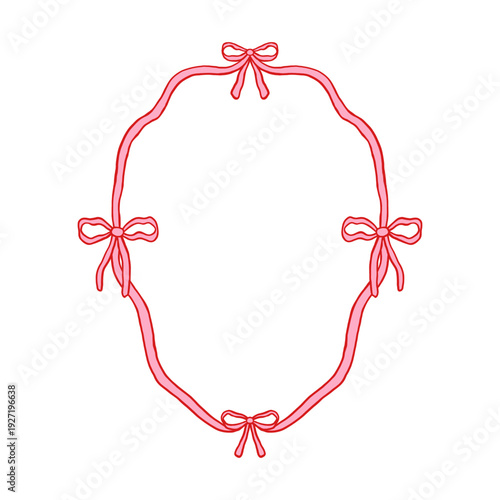Vector elegant hand drawn oval ribbon frame border with decorative bows. Romantic pink whimsical coquette decor for valentine greeting card, wedding invitation, label, tag, note or scrapbook design.