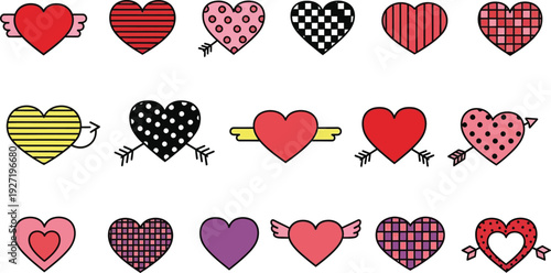 Collection of various heart shapes and patterns including striped dotted and checkered designs on transparent background silhouette high quality professional detailed