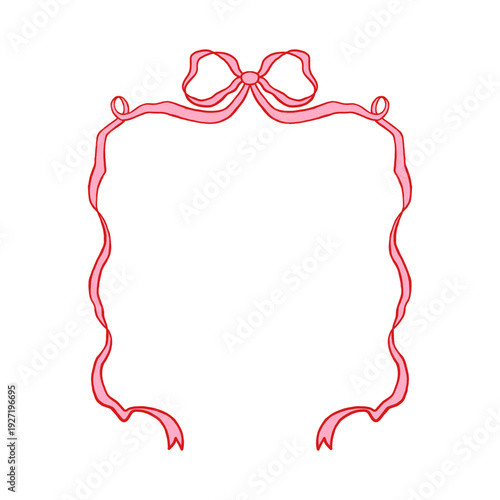 Vector hand drawn pink ribbon frame border with big bow. Elegant romantic whimsical coquette border for valentine greeting card, wedding invitation, label, tag, note or scrapbook design.