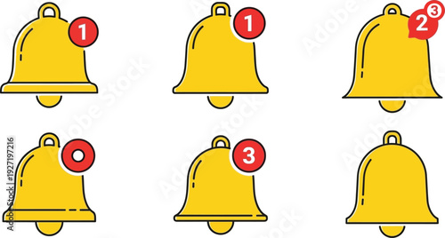 Three yellow bell icons with numbered circles simple design notification symbols on transparent background silhouette high quality professional detailed modern elegant