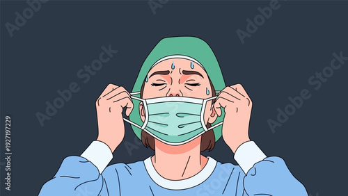 Healthcare Worker Burnout: Stressed Doctor or Nurse Removing Face Mask Showing Sweat and Exhaustion Illustration