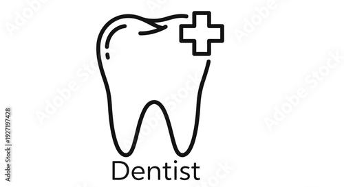 Simple black and white illustration of a tooth with a medical cross symbol