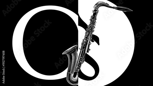 A black and white illustration of a saxophone overlaid on a Yin and Yang design