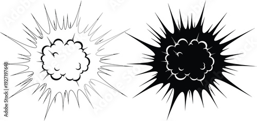 Comic book explosion burst graphic two versions black and white dynamic lines on transparent background silhouette high quality professional detailed modern