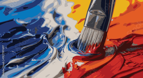 Vibrant paintbrush strokes creating an abstract art piece with colorful splatters and dynamic textures on a canvas from a close-up viewpoint