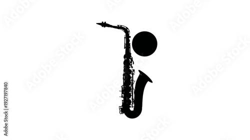 Silhouetted saxophone with a full black circle, against a white background