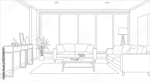 Detailed line drawing of a modern living room interior with sofa table lamp and plant on transparent background silhouette high quality