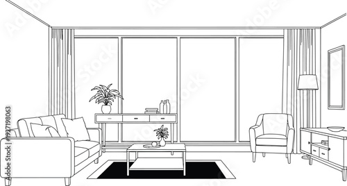 Black and white interior room illustration depicting sofa armchair table plant and window curtains on transparent background silhouette high quality professional