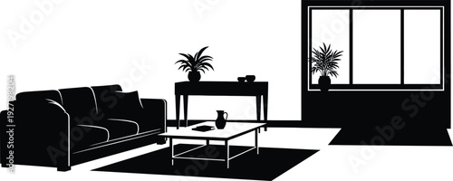 Black and white silhouette of a living room interior with sofa table rug and window on transparent background high quality professional