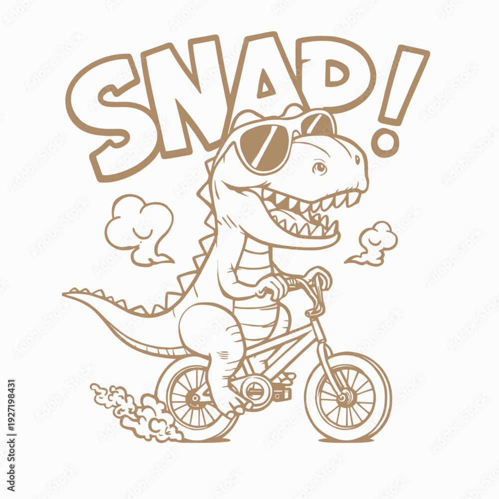 Fototapeta premium Funny cartoon dinosaur riding a bicycle with sunglasses and the word SNAP.