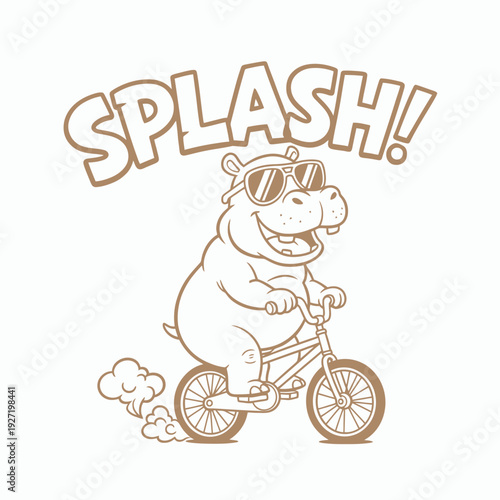 Funny cartoon hippo riding a bicycle with sunglasses and the word splash.