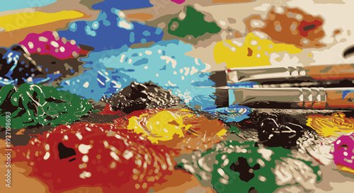 Artist's palette with colorful paint blobs and paintbrushes
